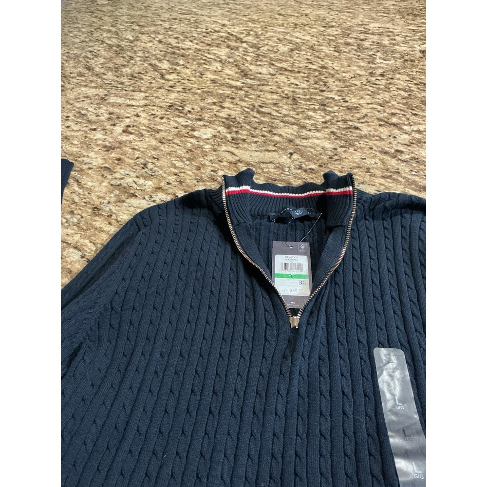 Tommy Hilfiger Womens L Cable Knit Quarter Zip Mock Neck Sweater Navy NWT Flaw
